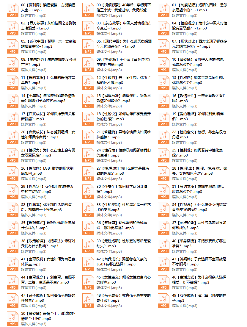 【完结】李银河说爱情 50堂爱情课 讲透婚姻、家庭、性和自我的社会学课 完整版50讲音频